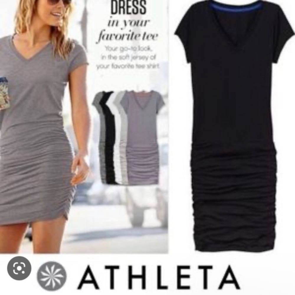 Athleta Black Ruched V Neck Tee Shirt Topanga Dress. Size XXS